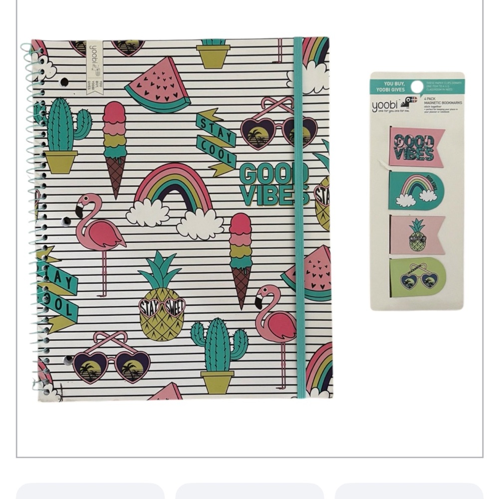 NWT Yoobi Kids Notebook and Bookmark Set - unicorns, flamingos pineapples